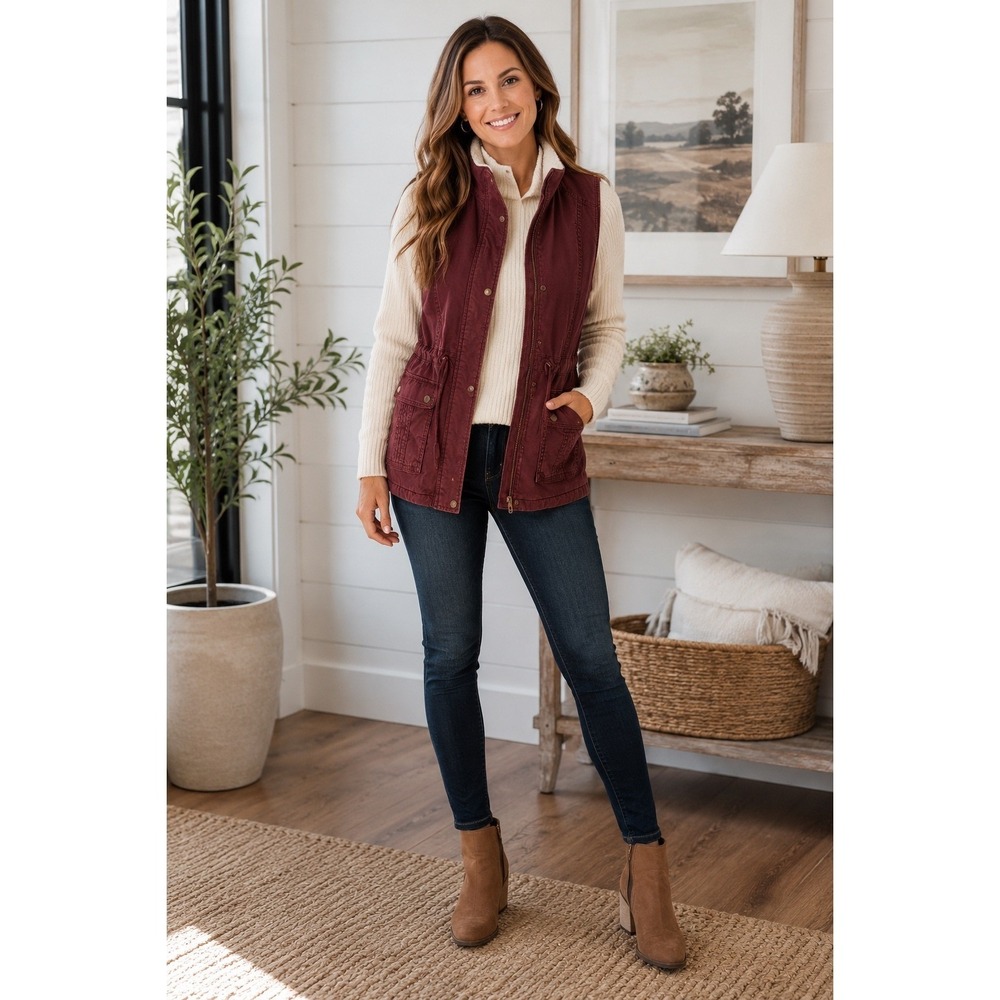 Sonoma‎ Sherpa Lined Utility Vest Womens Medium Burgundy Drawstring Waist